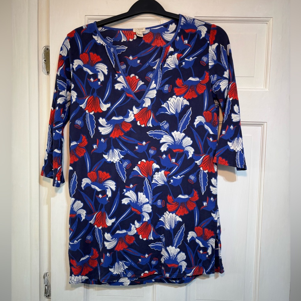 J. Crew XS Cotton Gauze Tunic Blue Floral Print